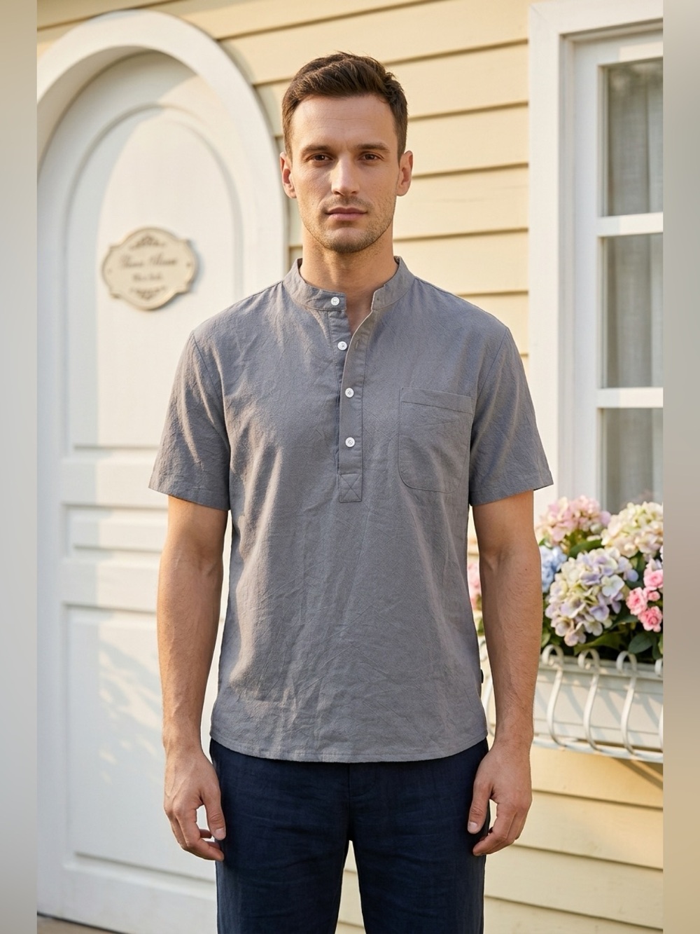 Men’s Gray Casual Button Down Shirt with Short Sleeves - Size Small